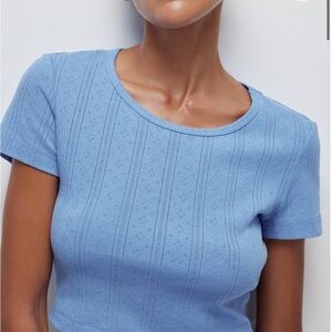 Blue cropped openwork knit T-shirt Belleyou